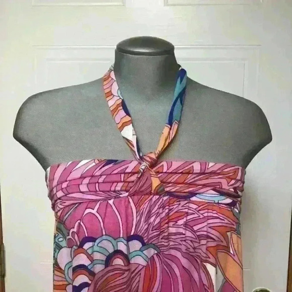 Oasis Maxi Dress Pullover  Halter Tie Neck Abstract Colorful Spring - Picture 4 of 7